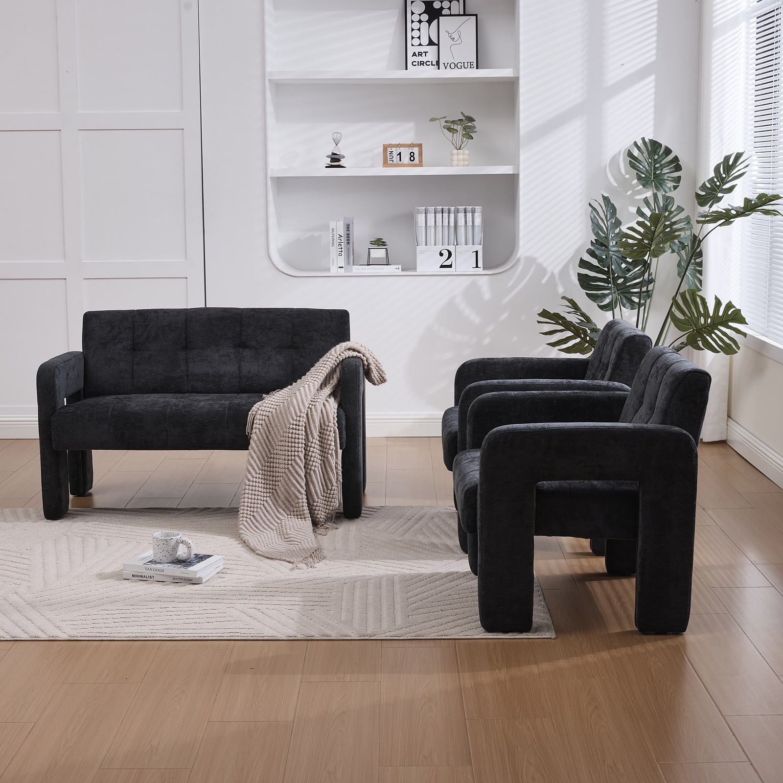 Nordic Modern Double Armchair Loveseat Sofa Chenille Black