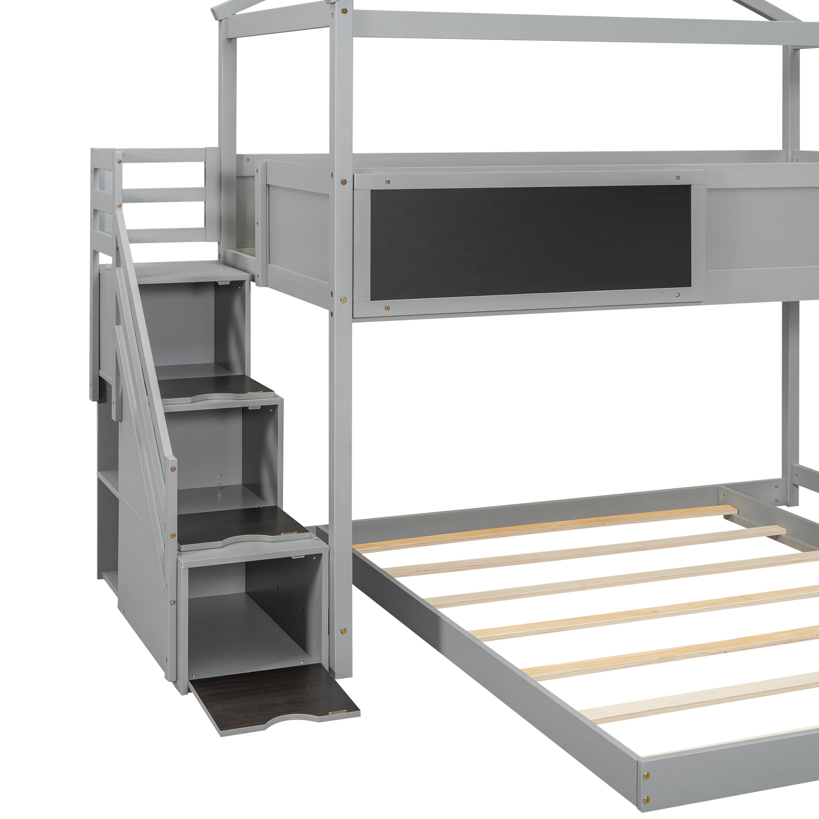 Wood Bed Frame Twin over Full House Bunk Bed w/Storage Staircase & Blackboard