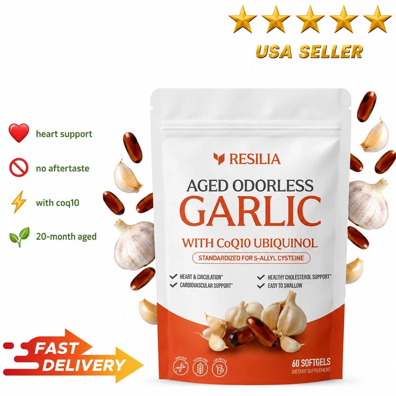 Resilia Garlic Extract 600mg Softgels (60 Count) Odorless Aged Garlic Extra