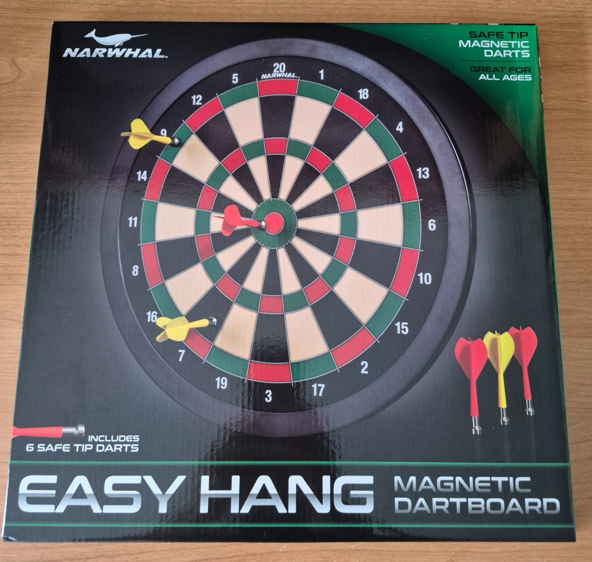 Narwhal 15.5" Easy Hang  Magnetic Dartboard 6 Safe Tip Magnetic Darts