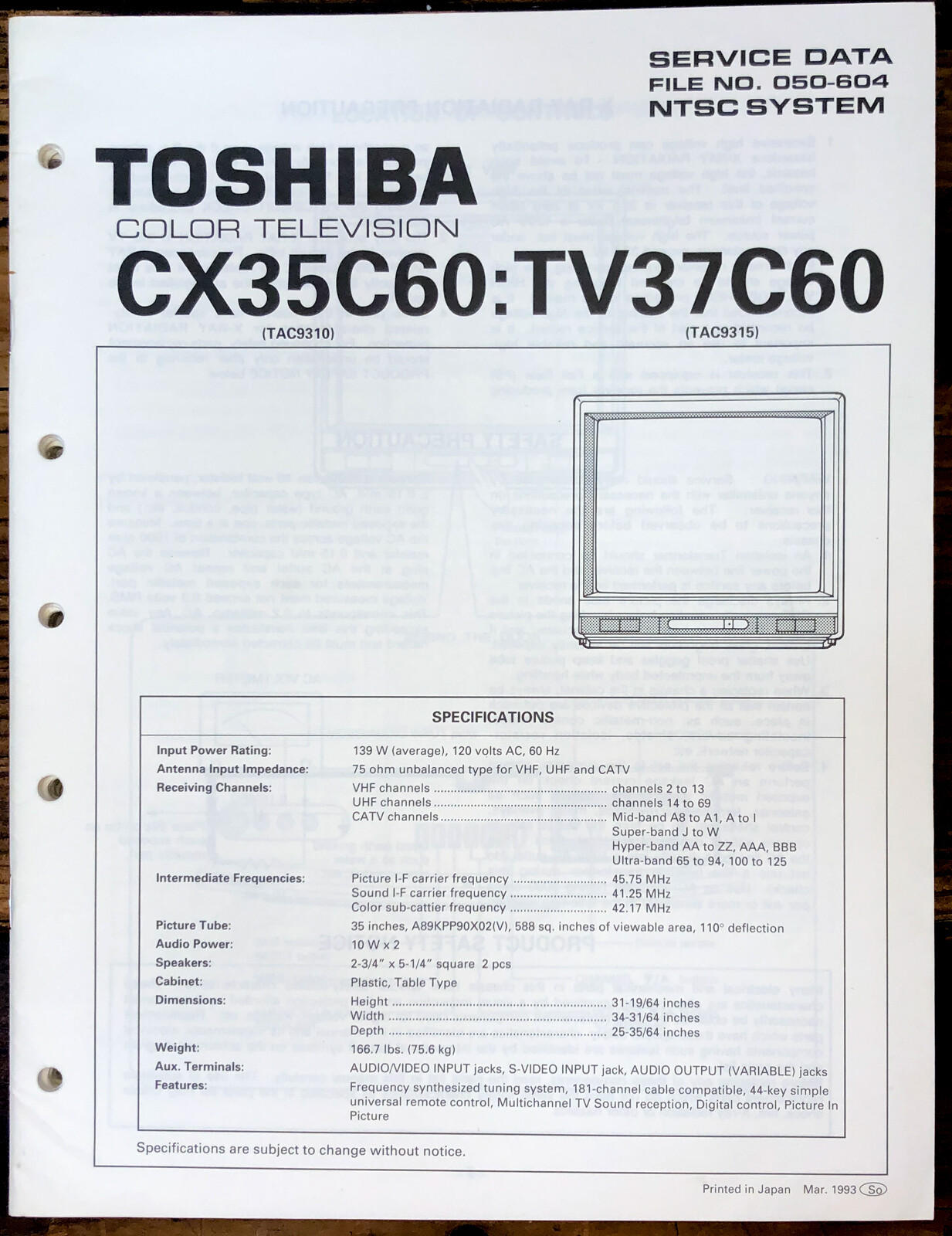 Toshiba CX35C60 TV37C60 TV  Service Manual *Original*