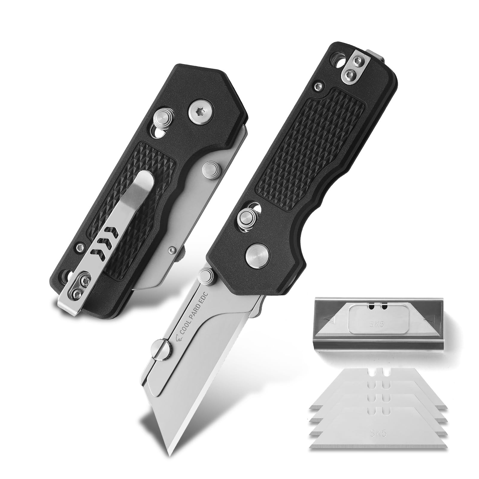 Utility Knife,Folding Box Cutter with Pocket Clip,Quick Change Blade Black