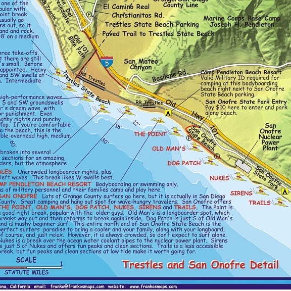 Orange County Surfing Map Waterproof Surfing Guide by Franko Maps