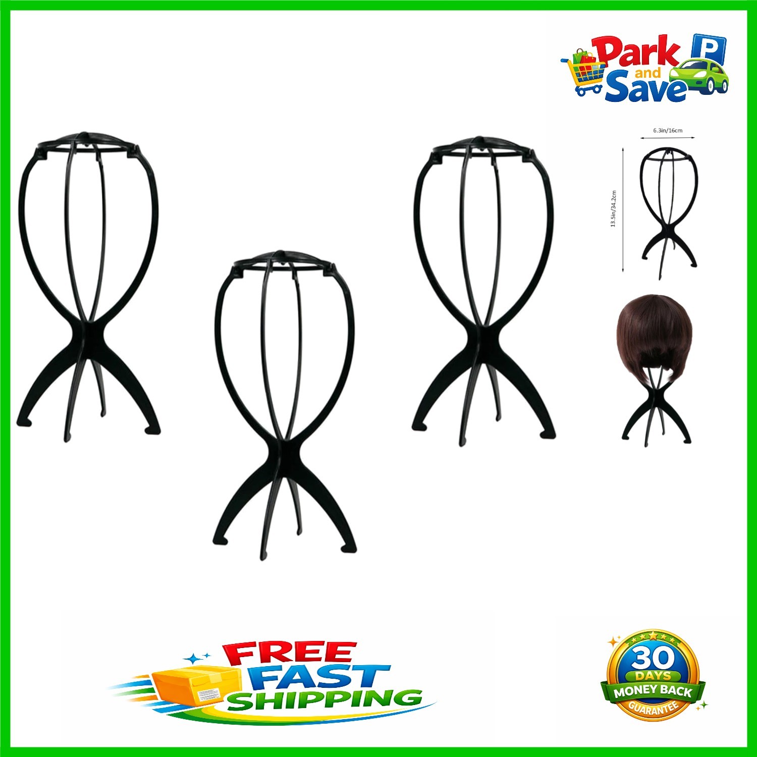 Freestanding 3-Piece Hat & Wig Display Stand - Classic Black Plastic Design