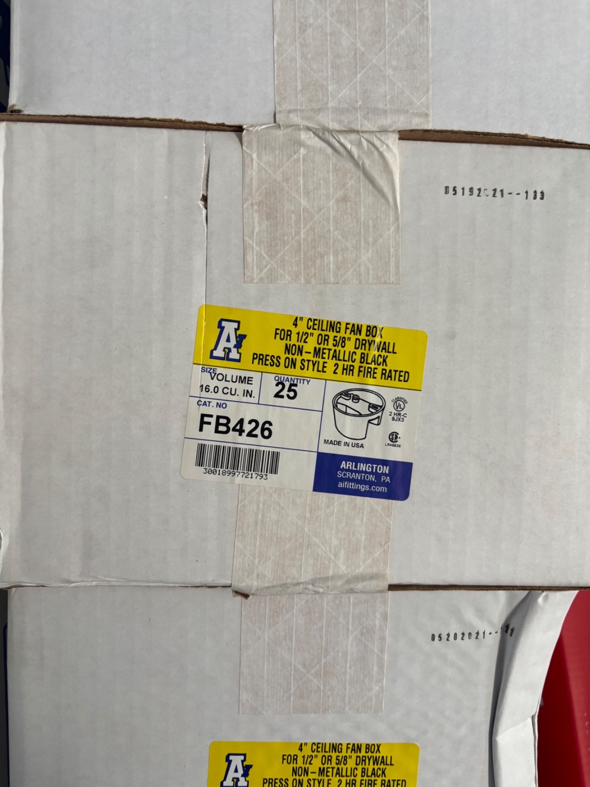 Case of 25- Arlington FB426 16 Cu In Press On Fan/Fixture Mounting Box