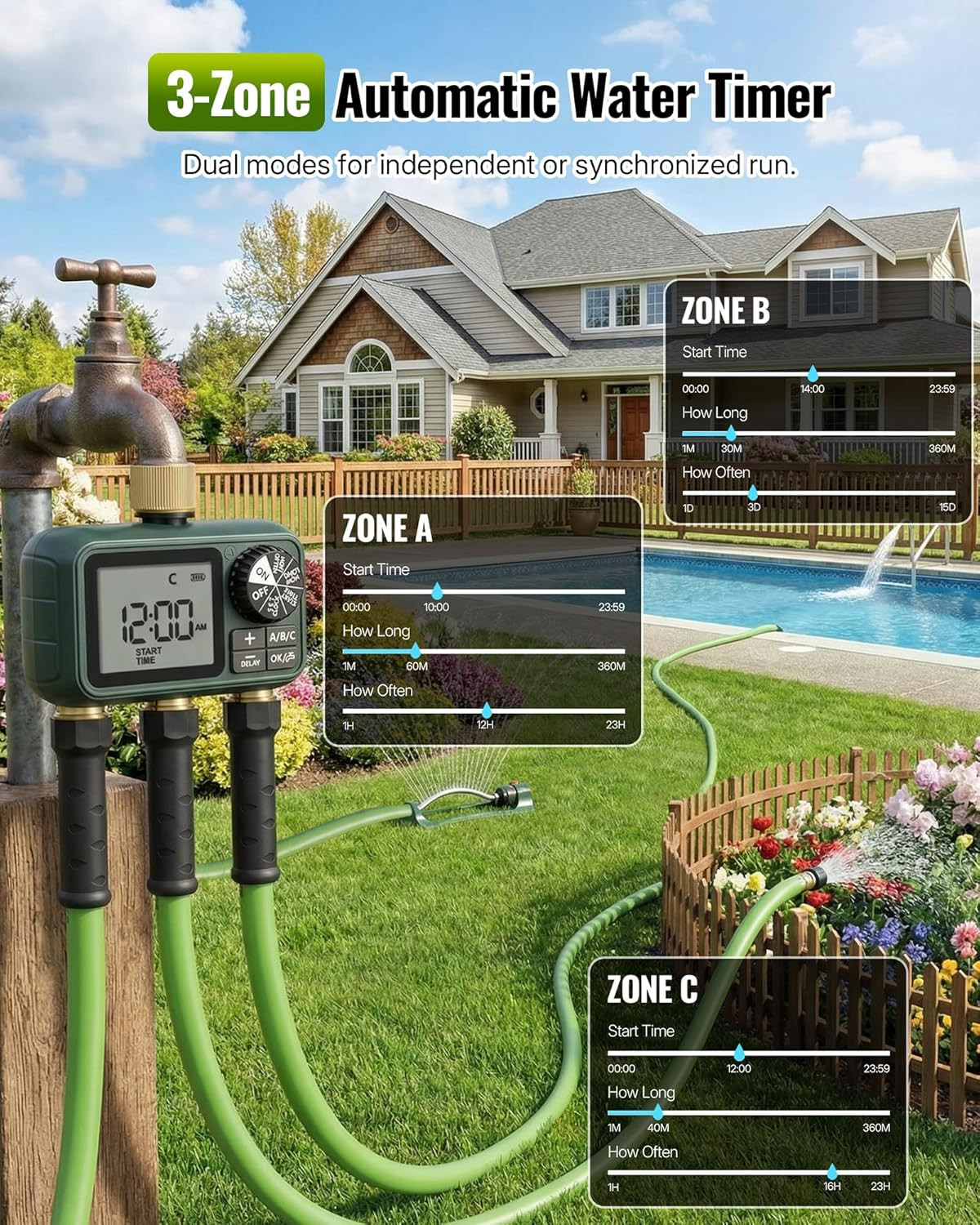 Programmable Brass Sprinkler Timer with 3 Outlets for Garden & Lawn Care