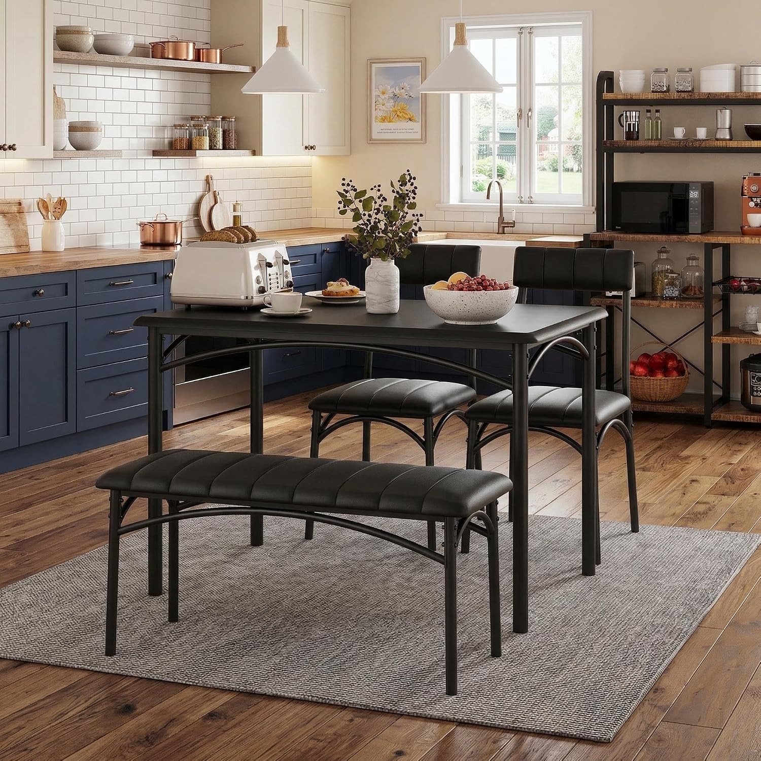 Dining Table Set 4 Kitchen Table W/ Upholstered Chairs & Bench Wood Rectangular