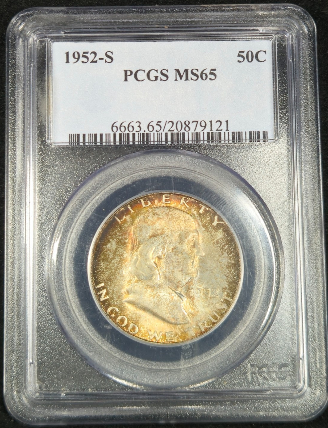 1952-S Franklin Half Dollar PCGS MS65 - Slight Rainbow Toned