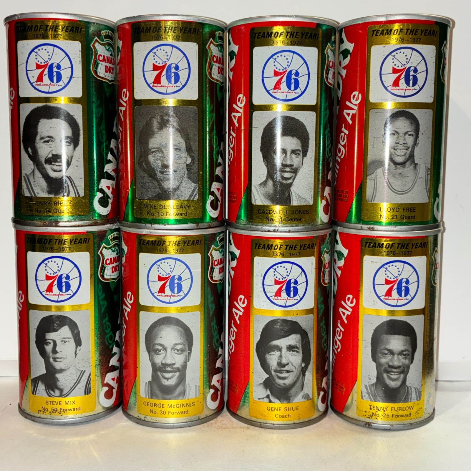 lot of 8 different 1977 Philadelphia 76ers Canada Dry soda cans, NBA basketball