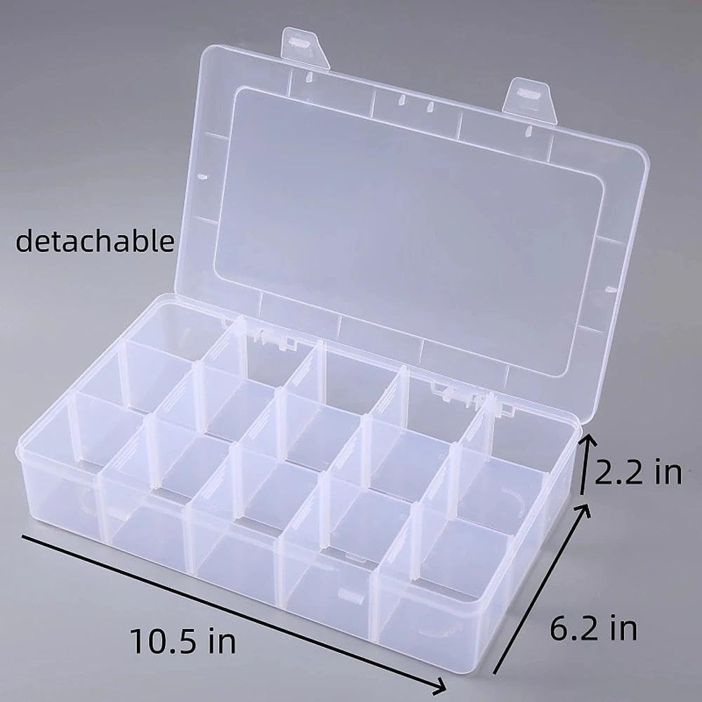 2 Pack Plastic Organizer Box with 14 Removable Dividers,15-Compartment Clear ...