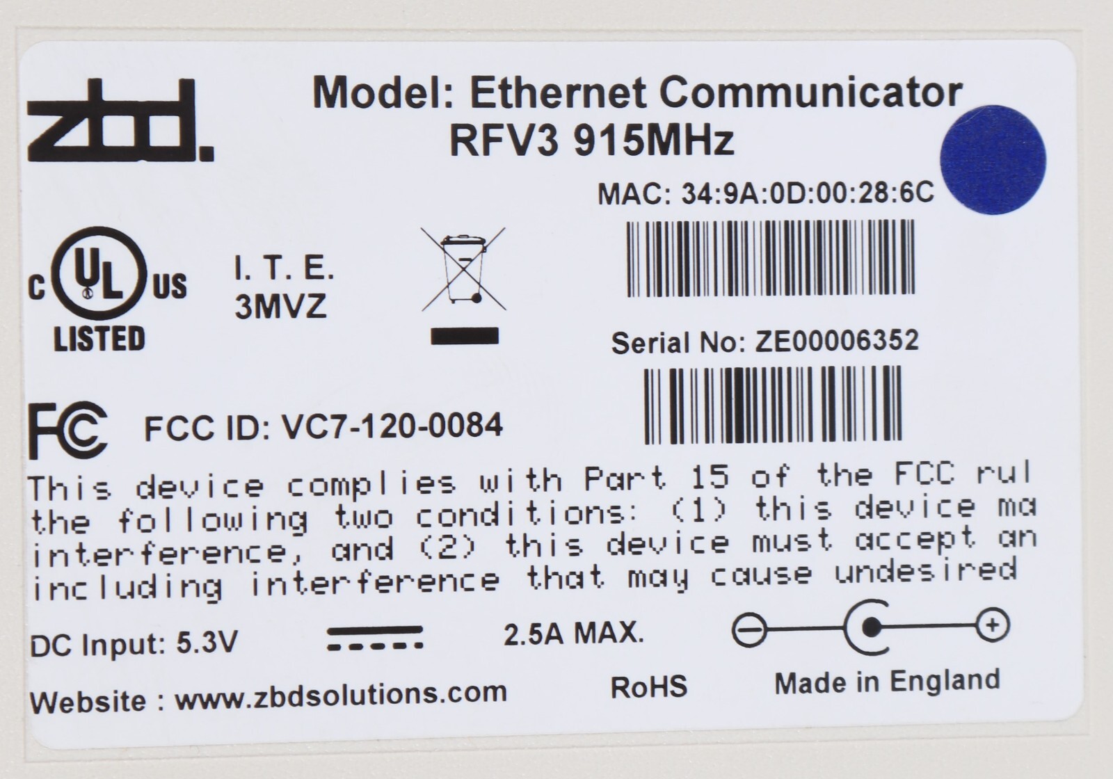 New Open Box ZBD Displays Ethernet Communicator RFV3 Electronic Label