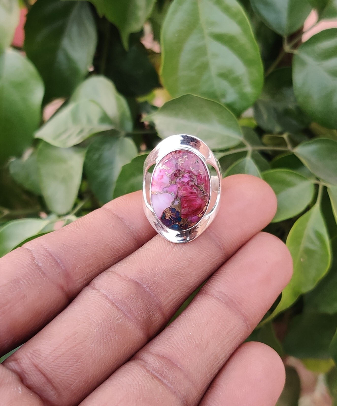 Pink Oyster Copper Turquoise Ring 925 Sterling Silver Gift For Her All Size MK*