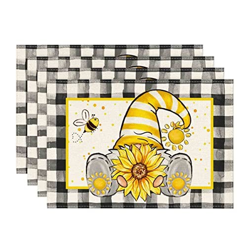 Buffalo Plaid Gnome Bee Sunflower 12" x 18", Placemats Set of 4 Black/White