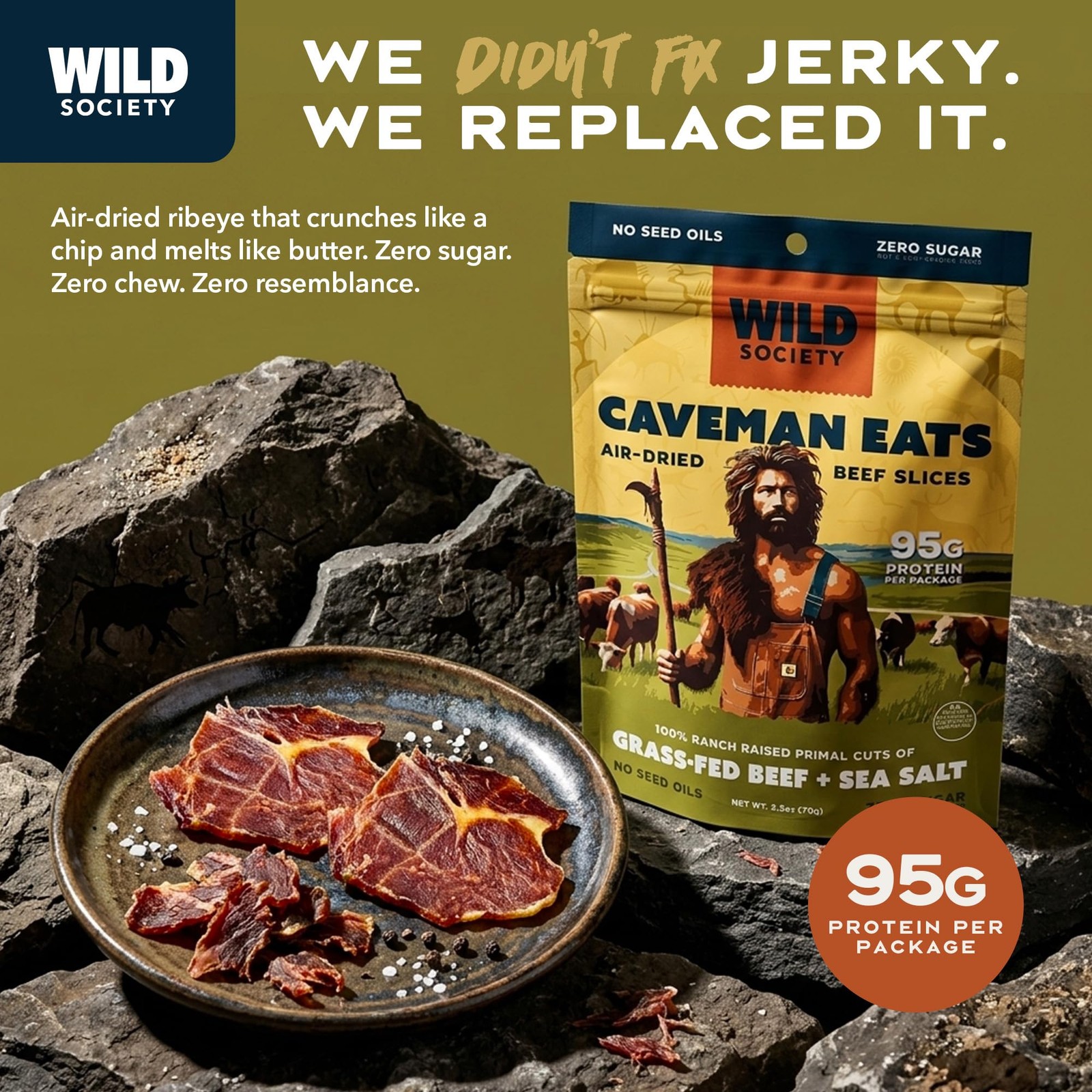 - Caveman Eats - Grass Fed Ribeye Steak Slices - 95g Protein - Only Steak & S...