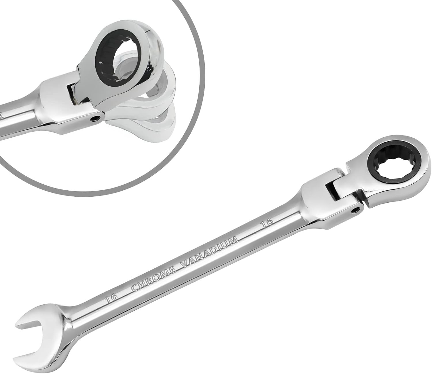 16mm Flex Head Ratchet Wrench, 12 Point Chrome Vanadium Steel Combination Spa...