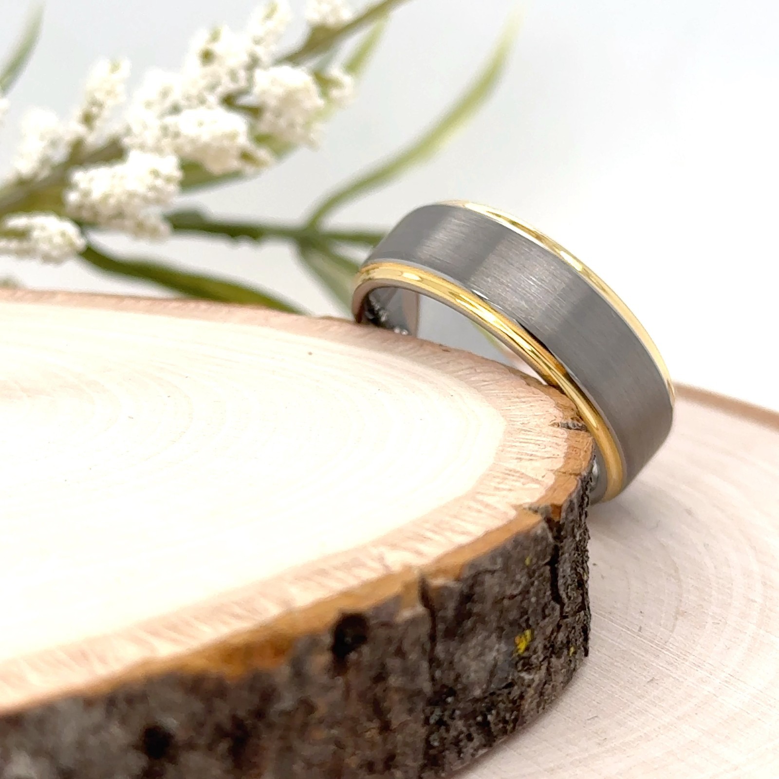 Dual Tone Tungsten 8mm Christmas Ring Brushed Silver & Gold Beveled Edge Band