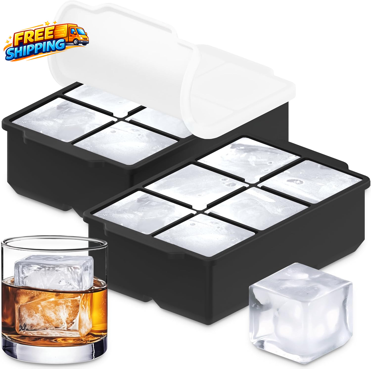 Large Silicone Ice Cube Tray (2-Pack), Easy Release 2" Big Ice Cubes - Cocktail,