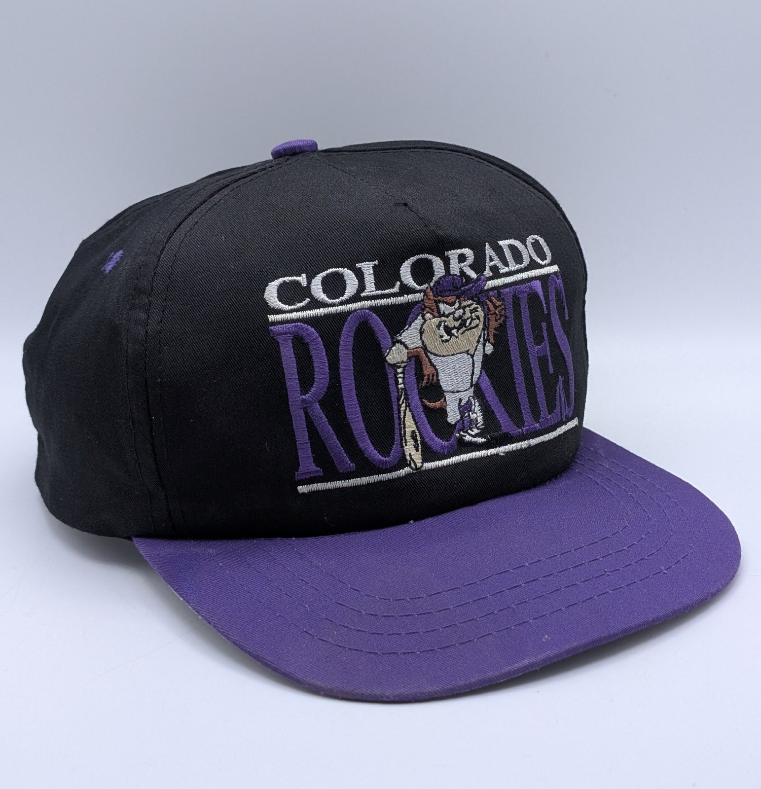 Vintage Colorado Rockies YOUTH Taz Hat Snapback 90s MLB Looney Tunes Purple VTG