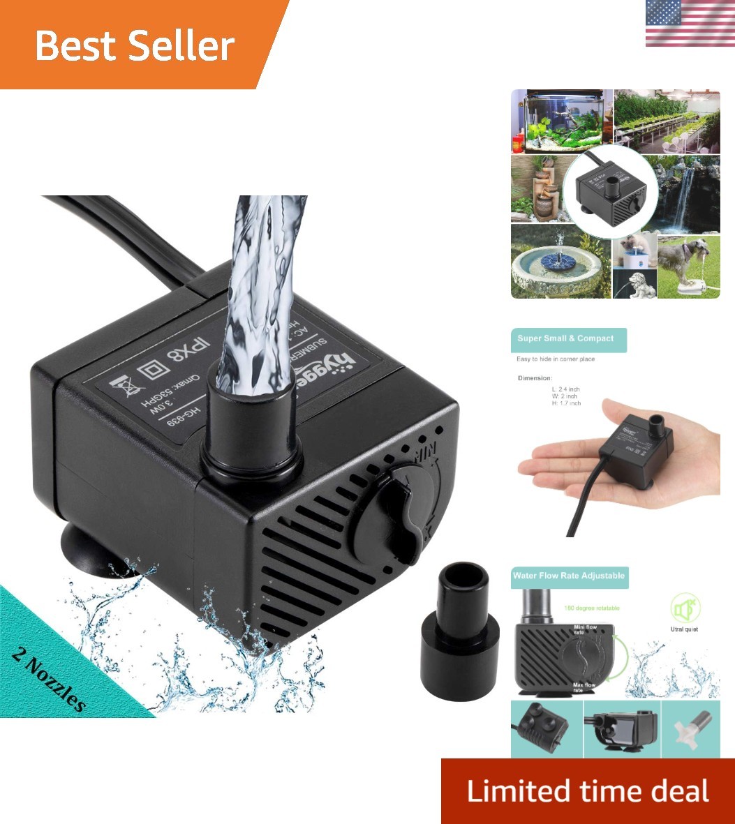 Versatile Ultra Quiet Mini Water Pump 200L/H, 6ft Cord for Indoor Water Features