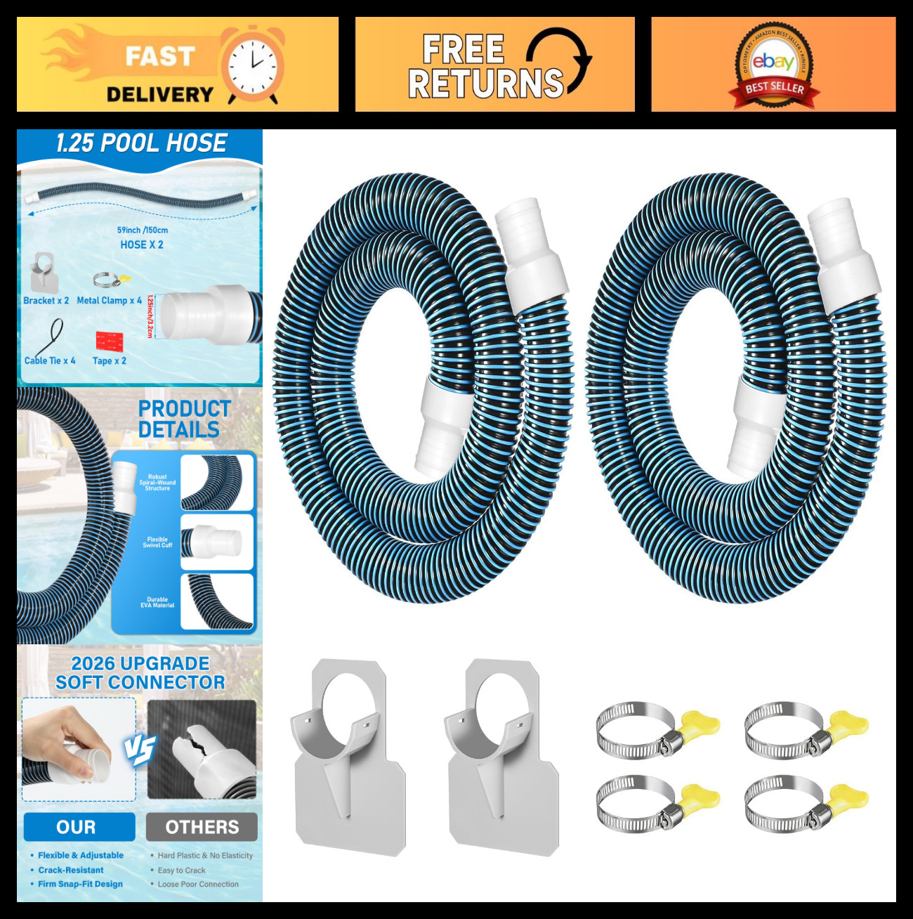 2-Pack 1.25” x 59” Heavy Duty Pool Hoses for Above Ground Pools - Flexible EVA,