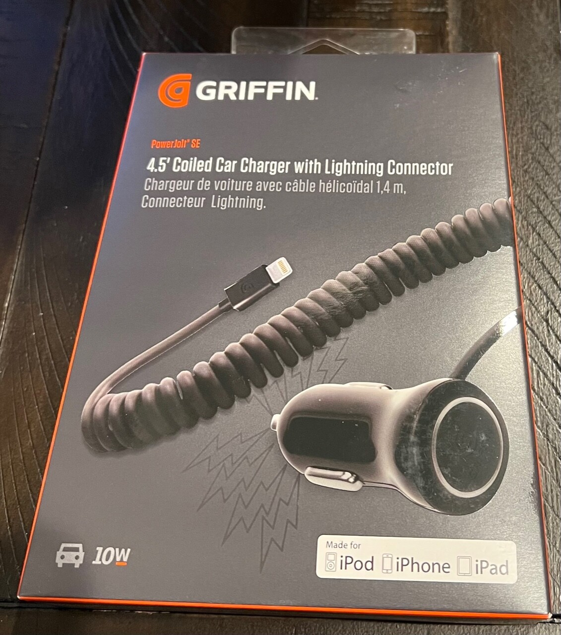 Griffin PowerJolt SE Fast 10W 4.5" Coiled Car Charger built-in Cable for iPhone