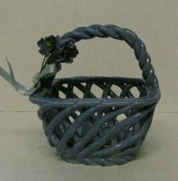 Open Weave Square Ceramic Basket With Twisted Handle Blue 4" Tall