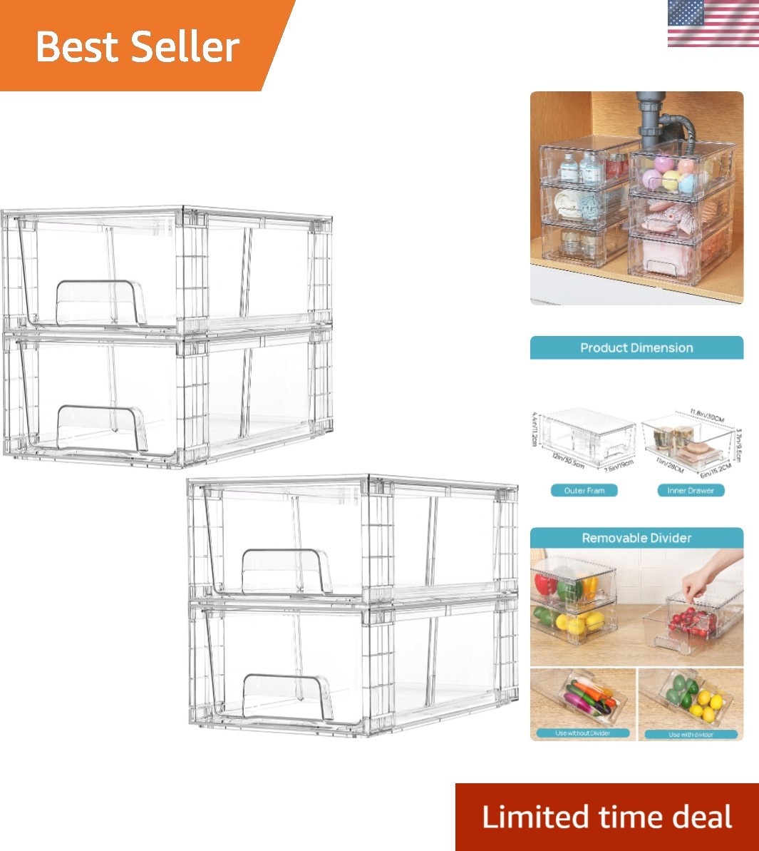 Multi-Purpose Clear Acrylic Storage Bins for Fridge, Office & More (4-Pack)