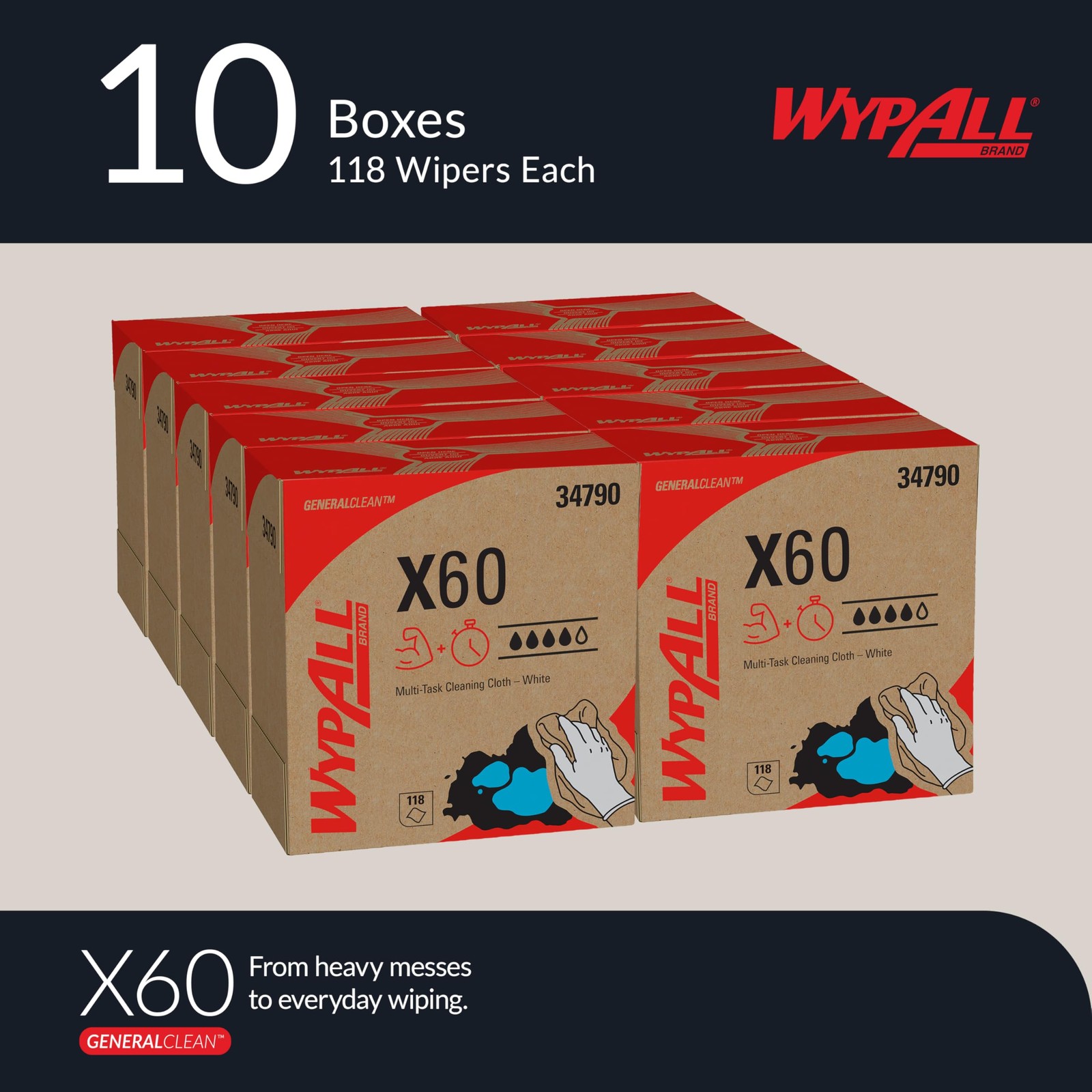 WypAll GeneralClean X60 Cloths Multi-Task Cleaning Wipes 10 Boxes, White