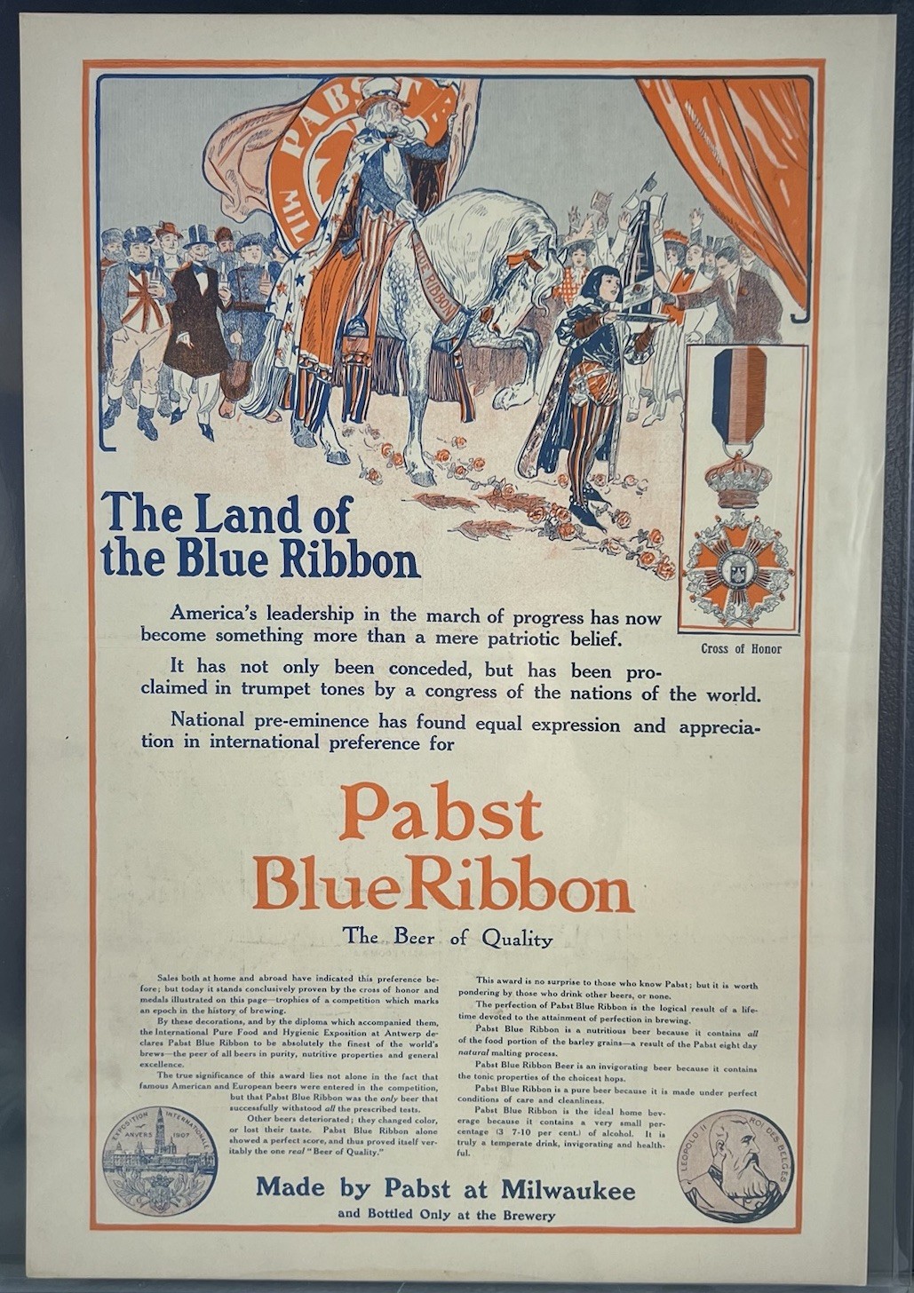 1905 16x11 Colored Pabst Blue Ribbon Beer Advertisement Vintage Print Ad