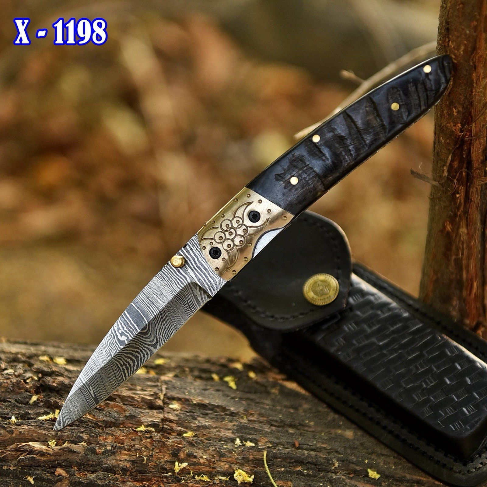 Damascus Folding Dagger Blade Pocket Knife Tactical Case- Ram Horn - Sheath