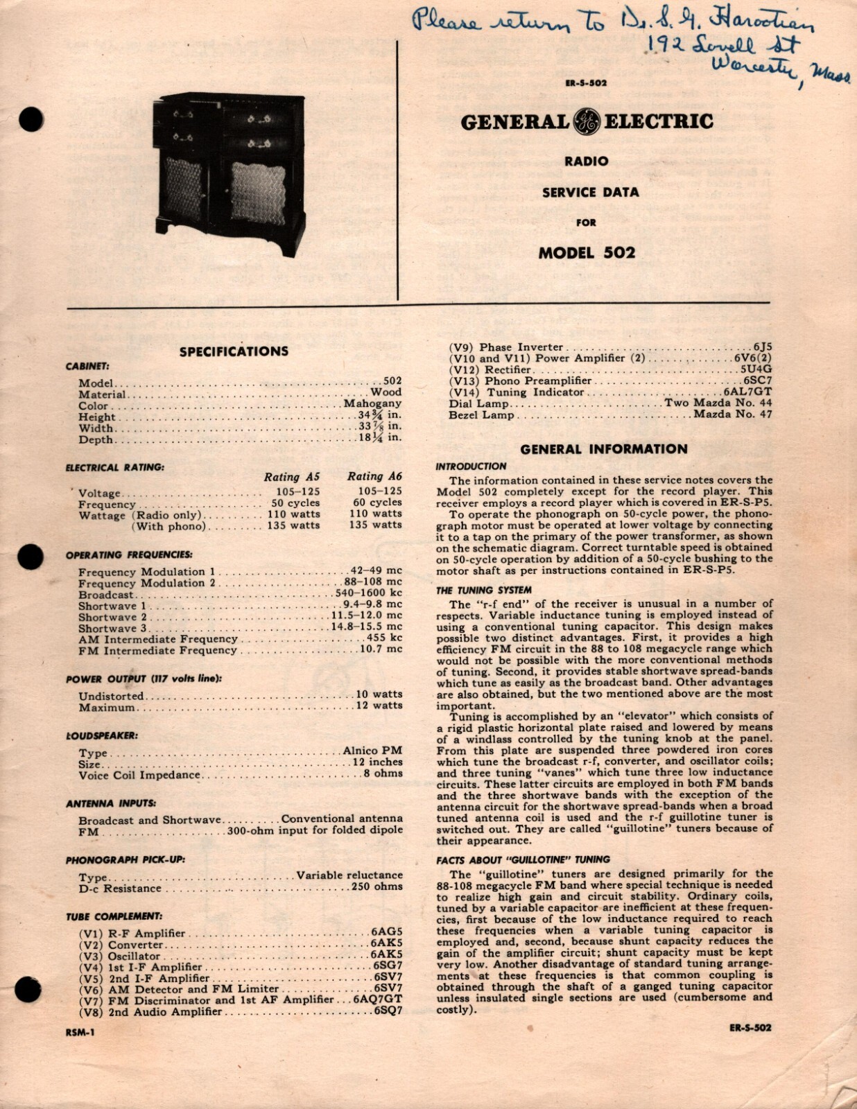 Vintage General Electric Radio Model 502 Catalog Instructions