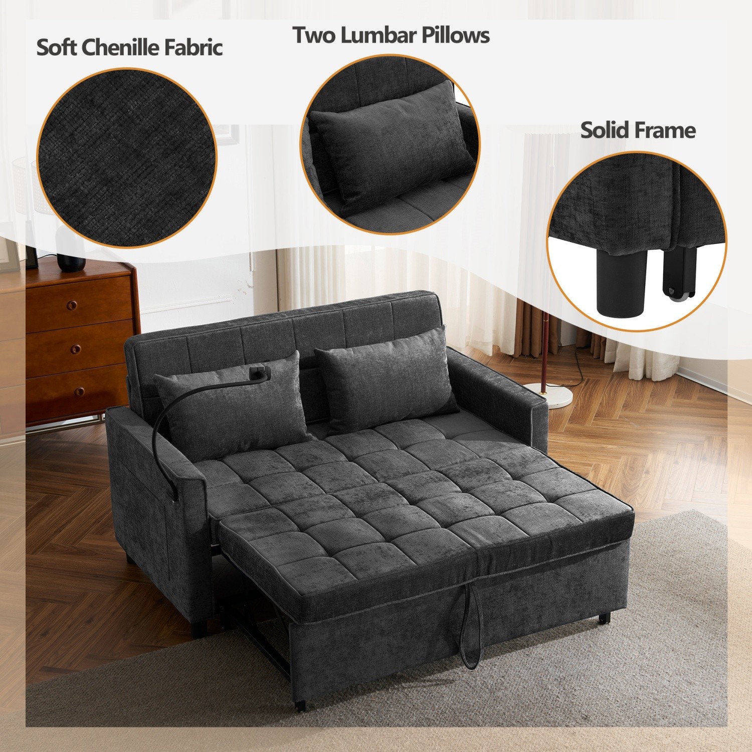 56.9'' Convertible Sleeper Sofa Bed Loveseat Sofa w/ Pull Out Bed & USB Ports