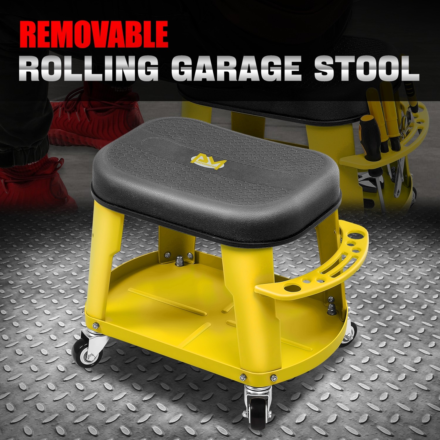 Mechanics Roller Work Stool Seat Chair Tool Storage Tray Garage Auto Shop Yellow