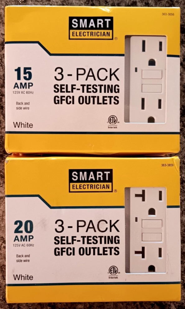 TWO SMART ELECTRICIAN 3-PACK SELF-TESTING GFCI OUTLETS 15 & 20 AMP