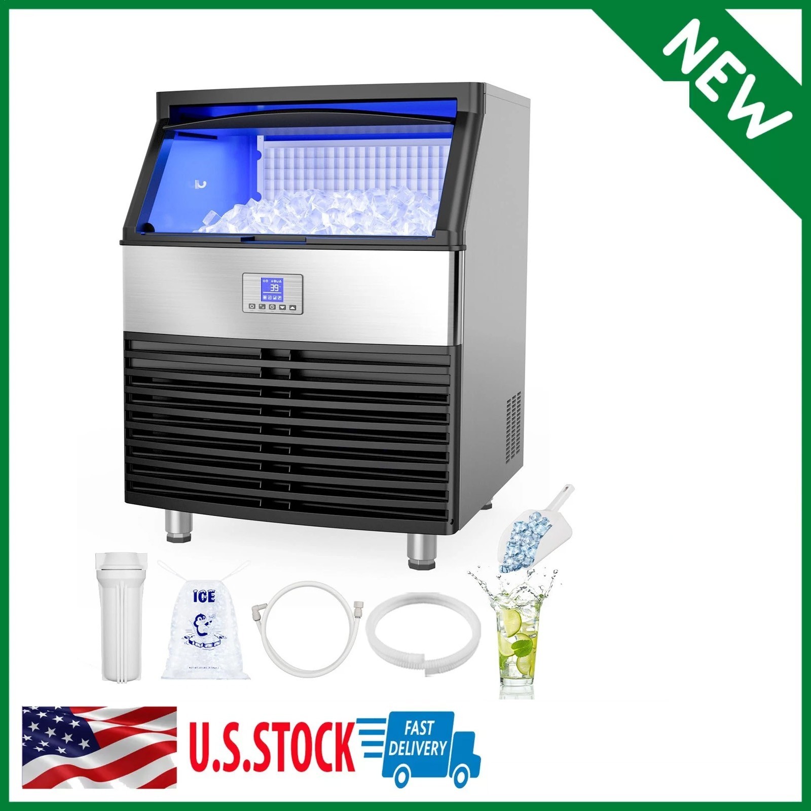 ecojoy Commercial Ice Maker Machine, 450lb/24H, UnderCounter, 160lb Storage