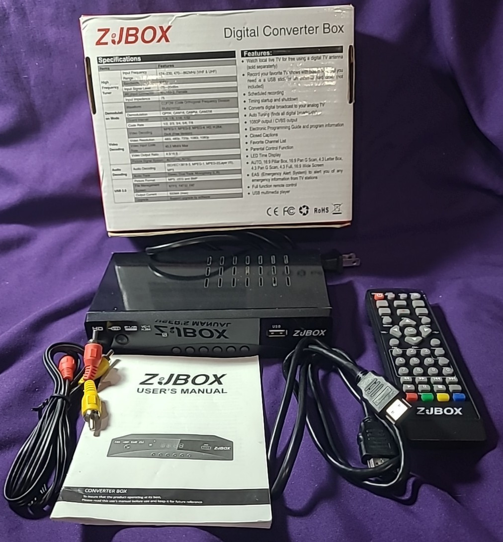 Digital TV Converter Box ATSC ZJBOX for Analog HDTV Live 1080P W/Cables & Remote