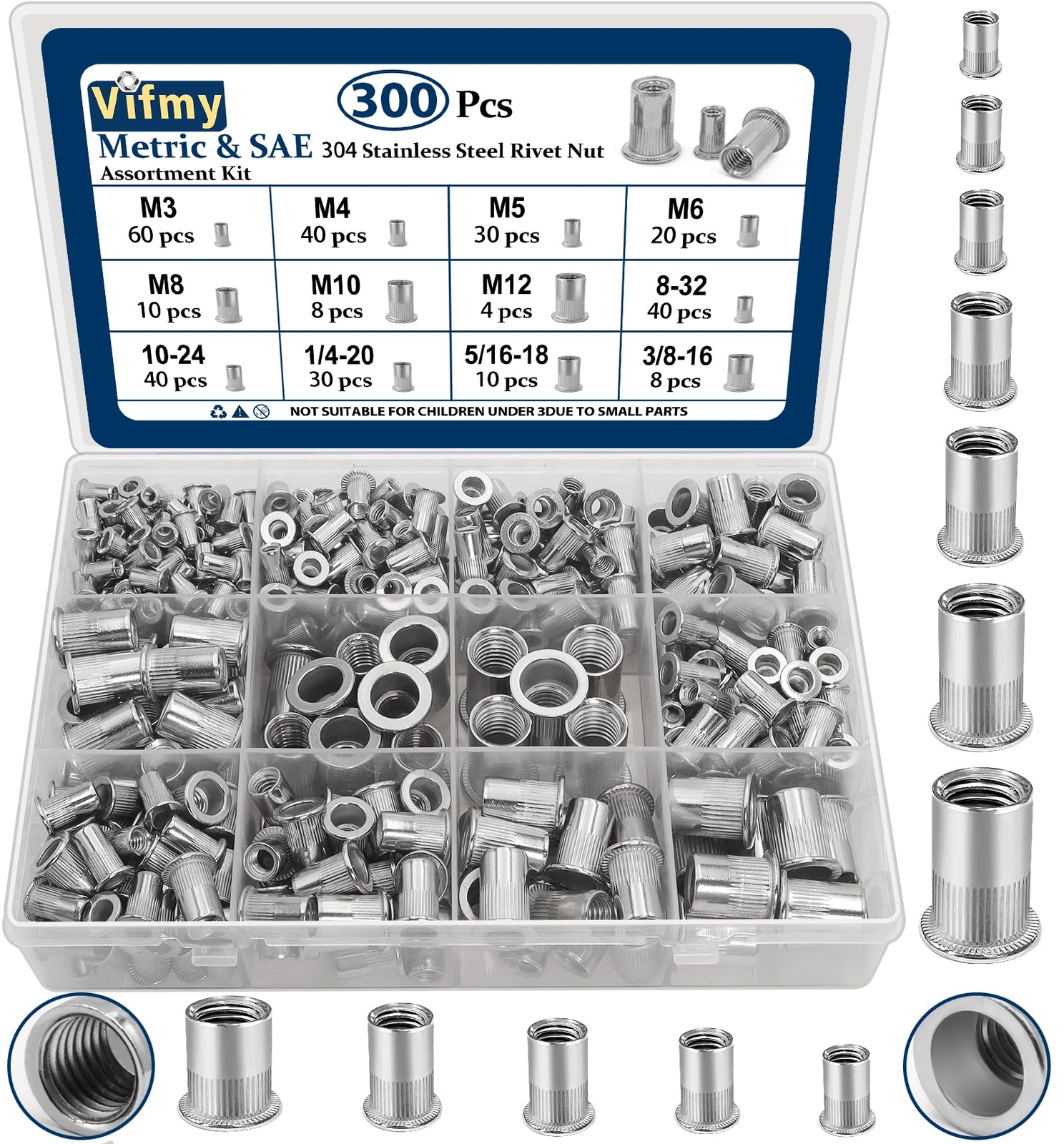 Metric & SAE Rivet Nut Assortment Kit 300 Pcs Stainless Steel Multiple Sizes