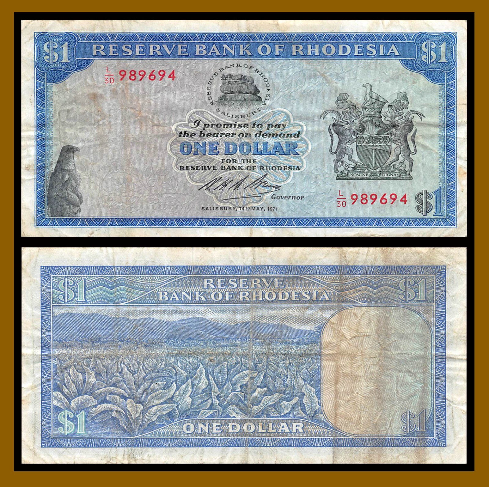 Rhodesia 1 Dollar, 14.5.1971 P-30c Tobacco field Zimbabwe bird F
