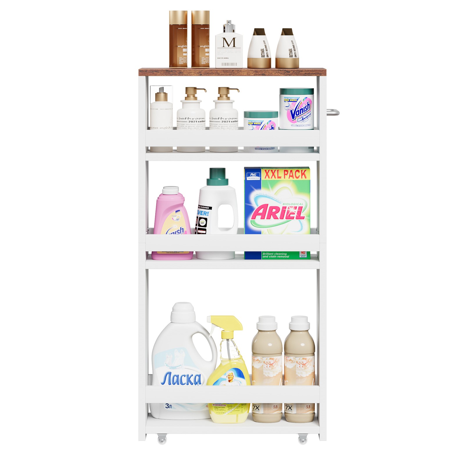 4 Tier Narrow Slim Storage Cart on Wheels w/ PB Board Top and Metal Handle White