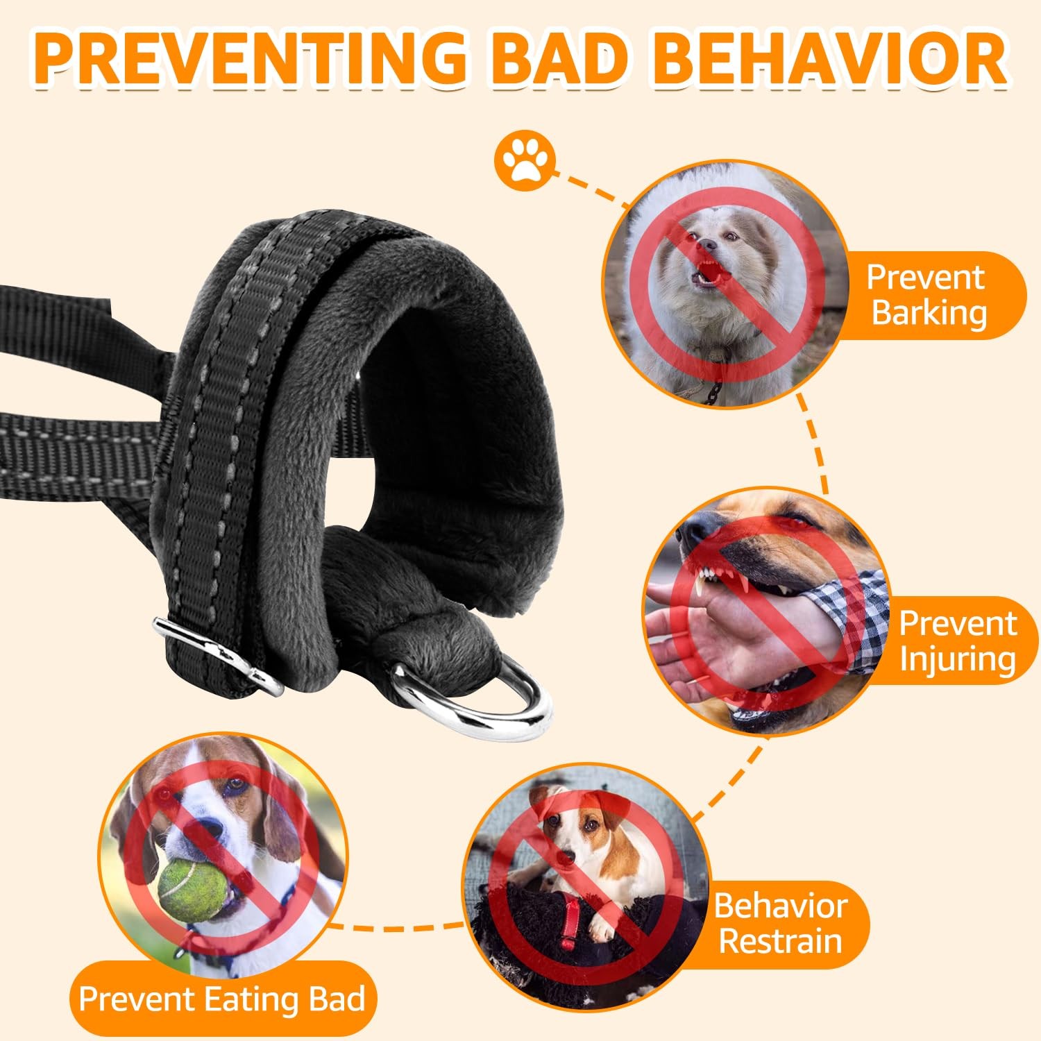 M-Size Soft Dog Muzzle Adjustable Padded Nylon for Chewing Barking Black