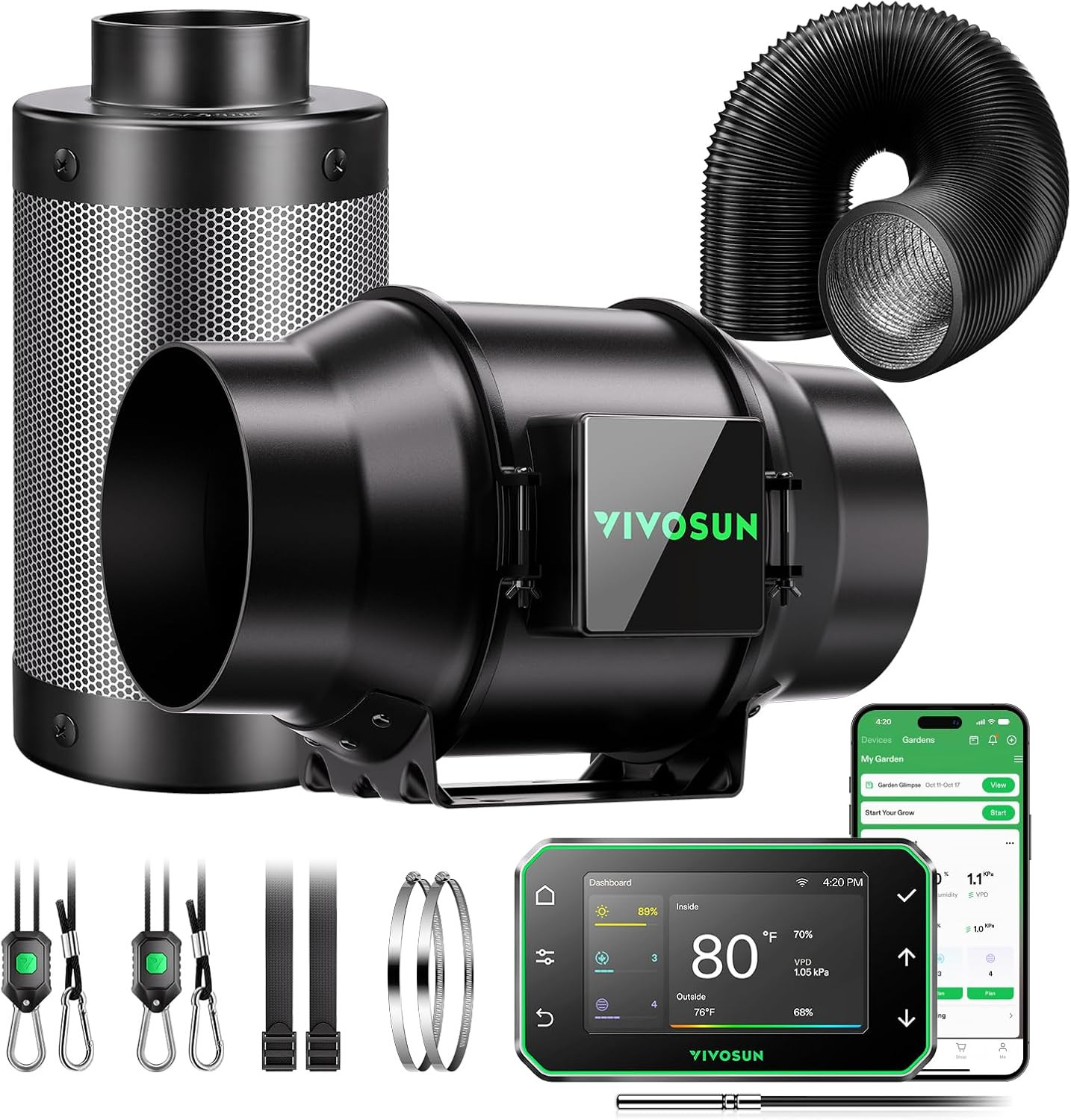 VIVOSUN Smart Air Filtration PRO G6 Kit 6", Aerozesh G6 Inline Duct Fan W/Growhu