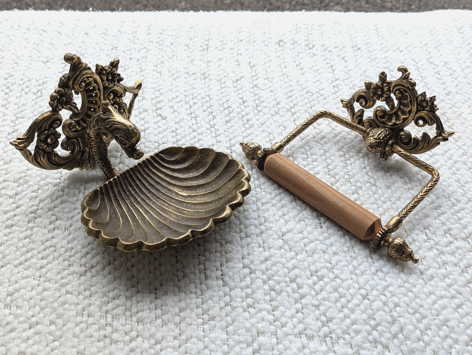 Vintage Brass Dolphin & Shell Soap Dish + Toilet Paper Holder, Hollywood Regency