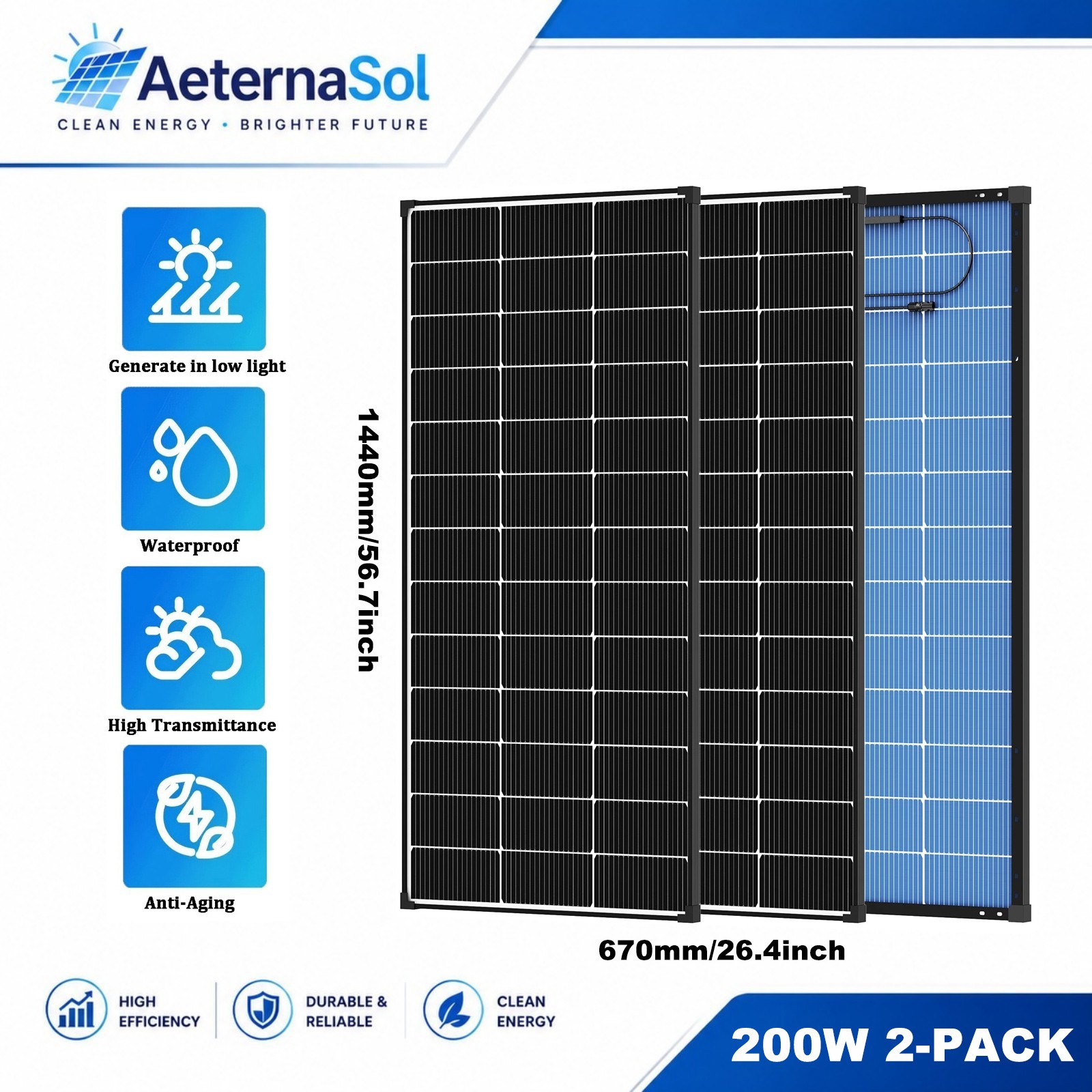 AeternaSol (200W*2) Bifacial Solar Panel N-Type Mono 400W PV Home Roof Off-Grid