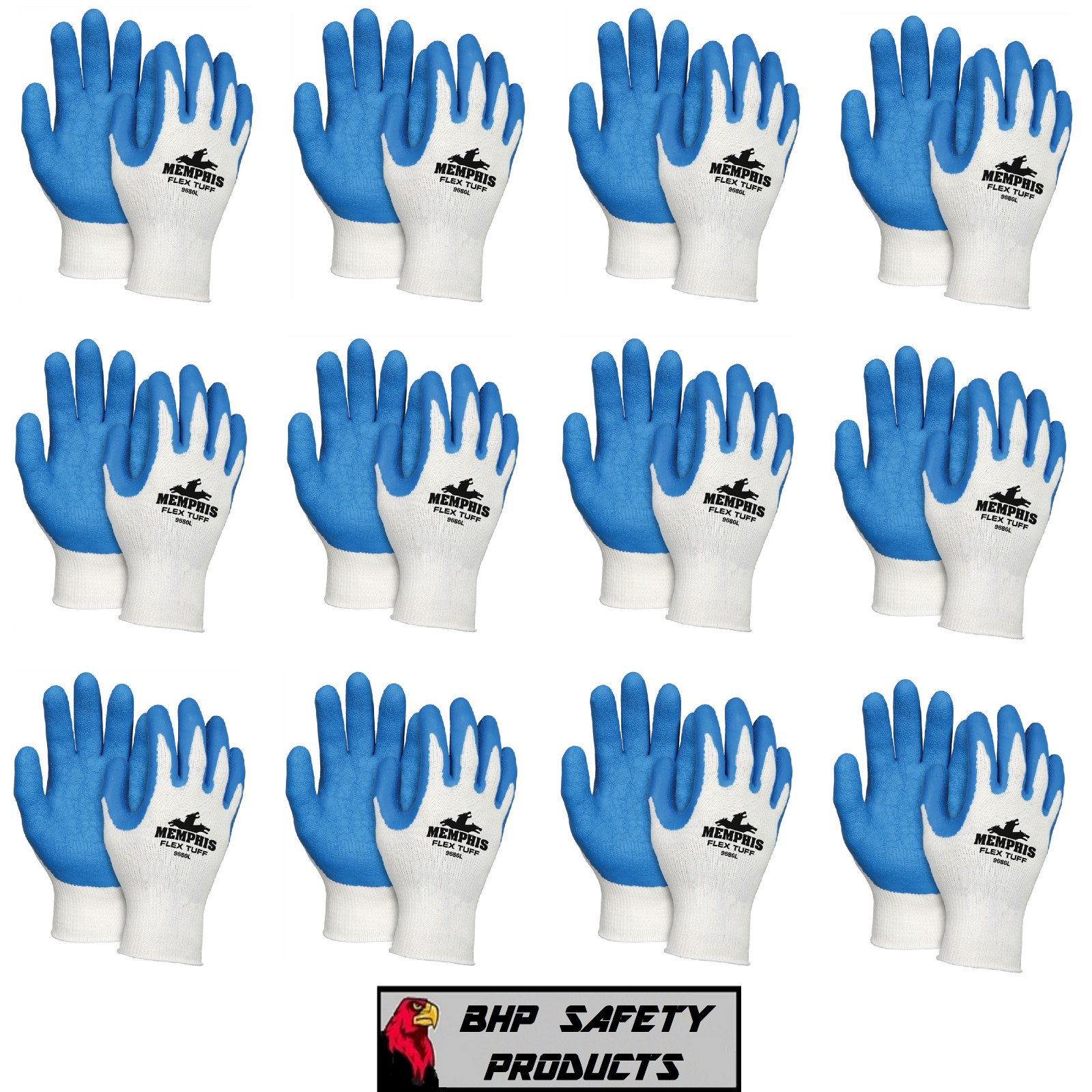 MEMPHIS MCR FLEX-TUFF PREMIUM LATEX COATED KNIT WORK GLOVES SIZE LARGE (1 DOZEN)
