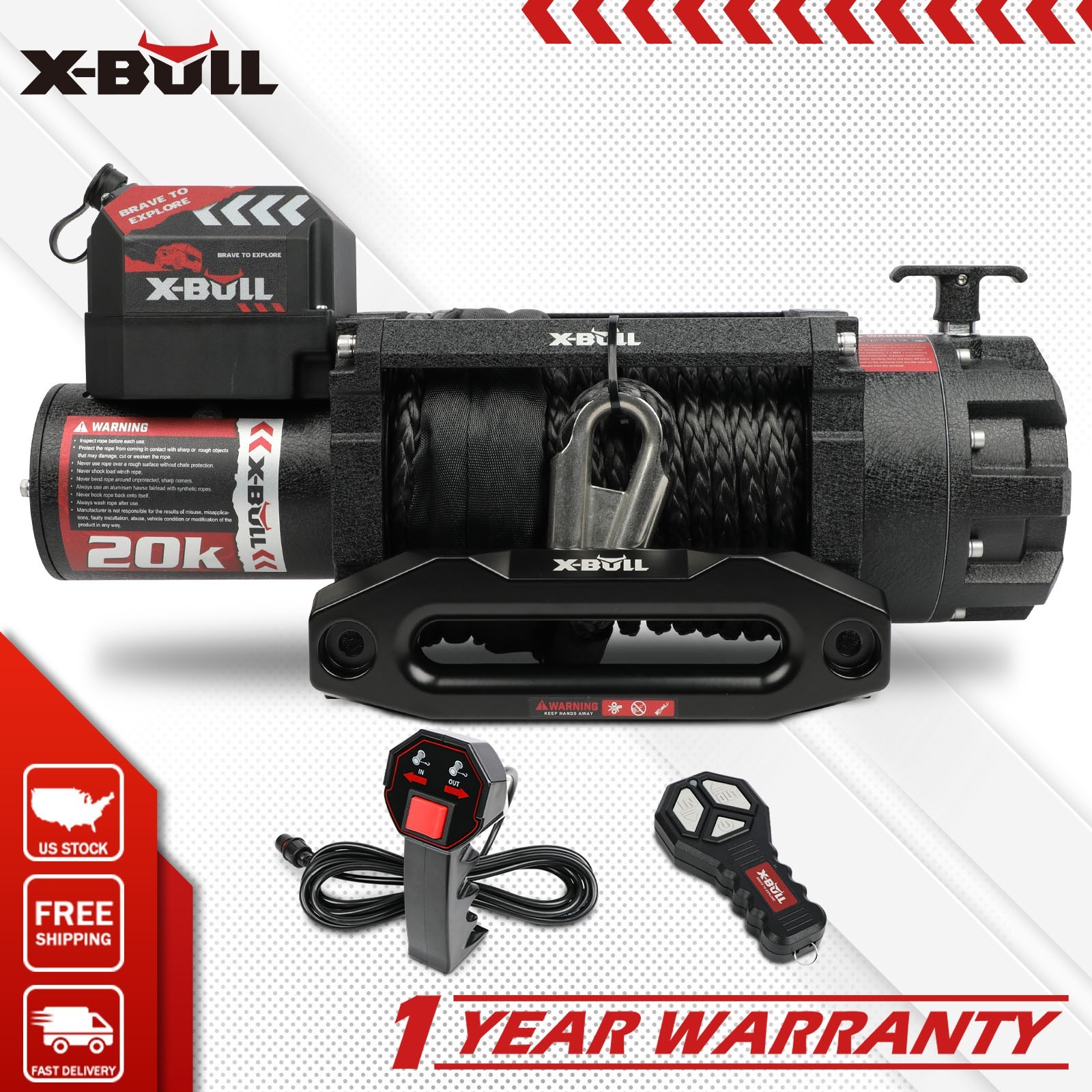 X-BULL 20000LBS Electric Winch Synthetic Rope 12V Jeep Trailer Truck Winch 4WD