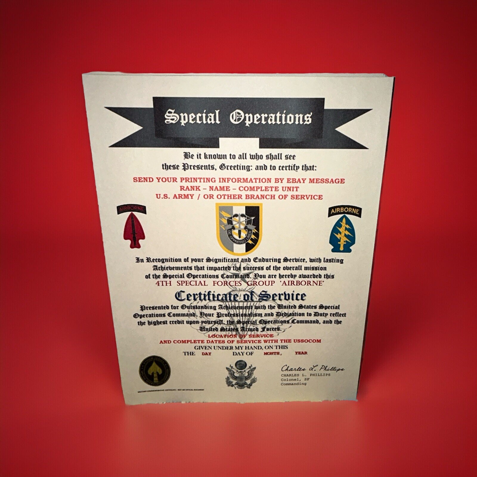 U.S. ARMY - 4TH SPECIAL FORCES GROUP (ABN) CERTIFICATE OF SERVICE