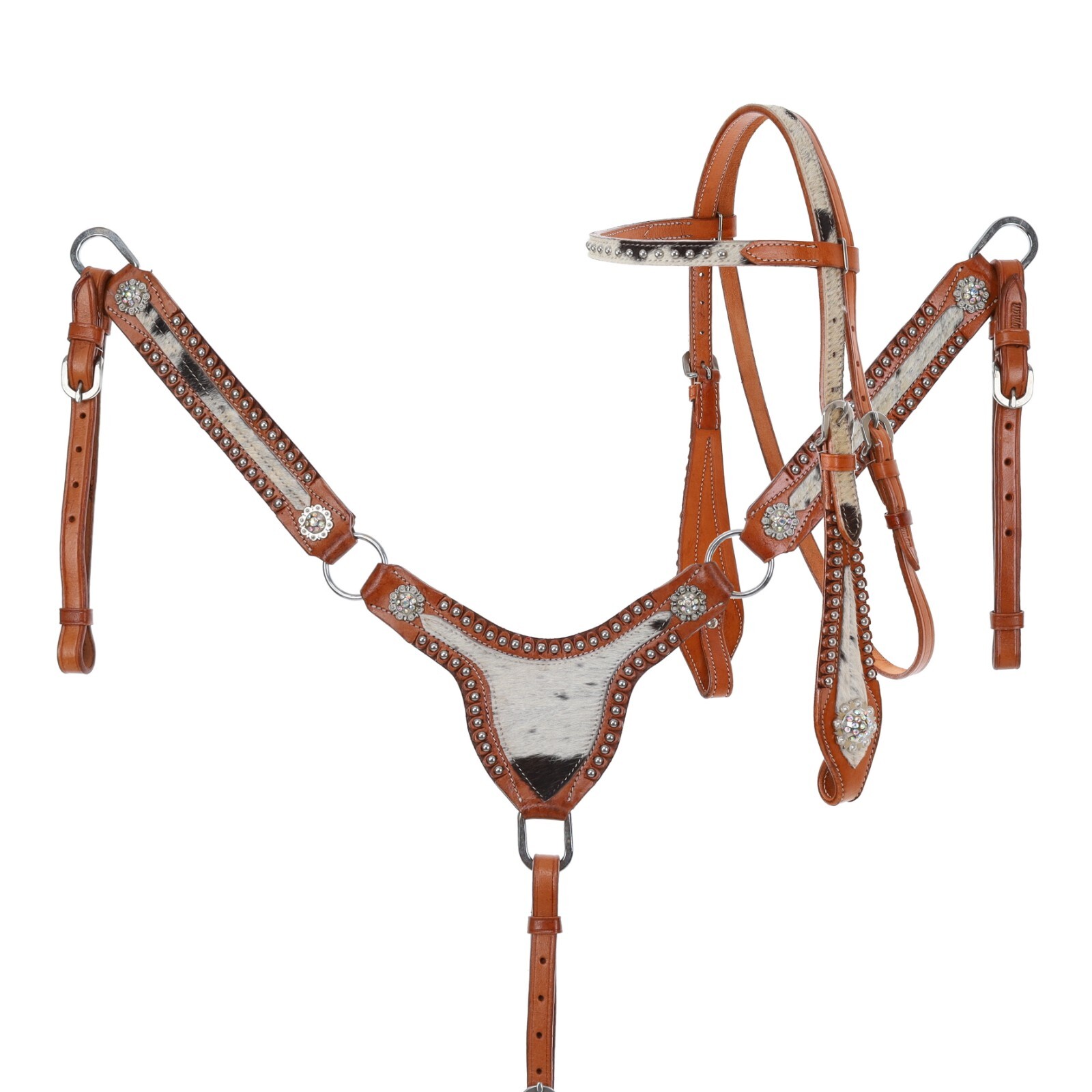 Hair-On Cowhide Leather BreastCollar Browband Cheeks Headstall with 7' Reins Set