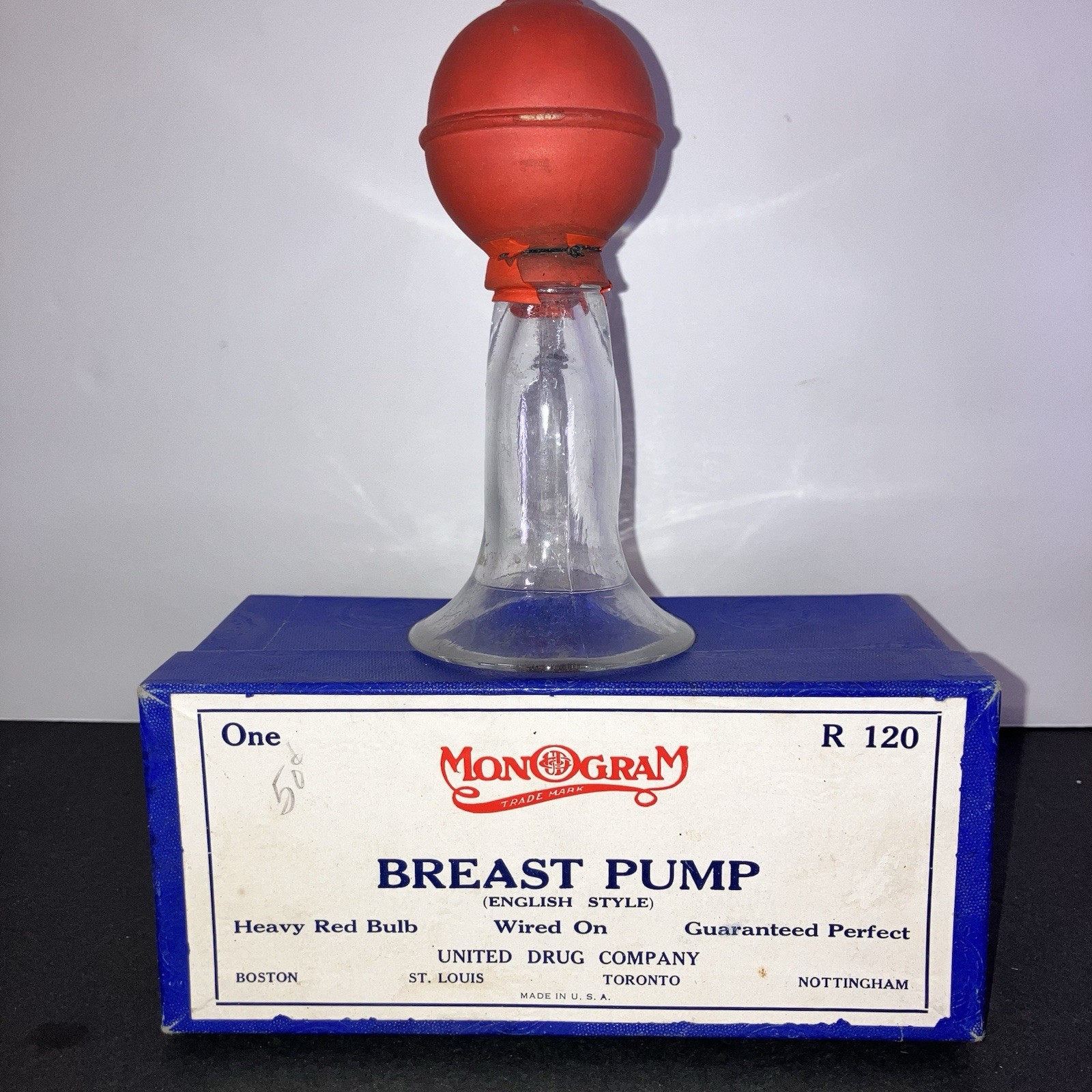 Vintage Monogram R120 Glass Breast Pump English Style United Drug Company W/Box