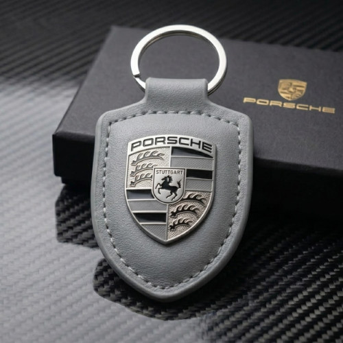New Genuine Porsche Turbonite Crest Leather Vanadium Grey Keyring. WAP050410SVAD