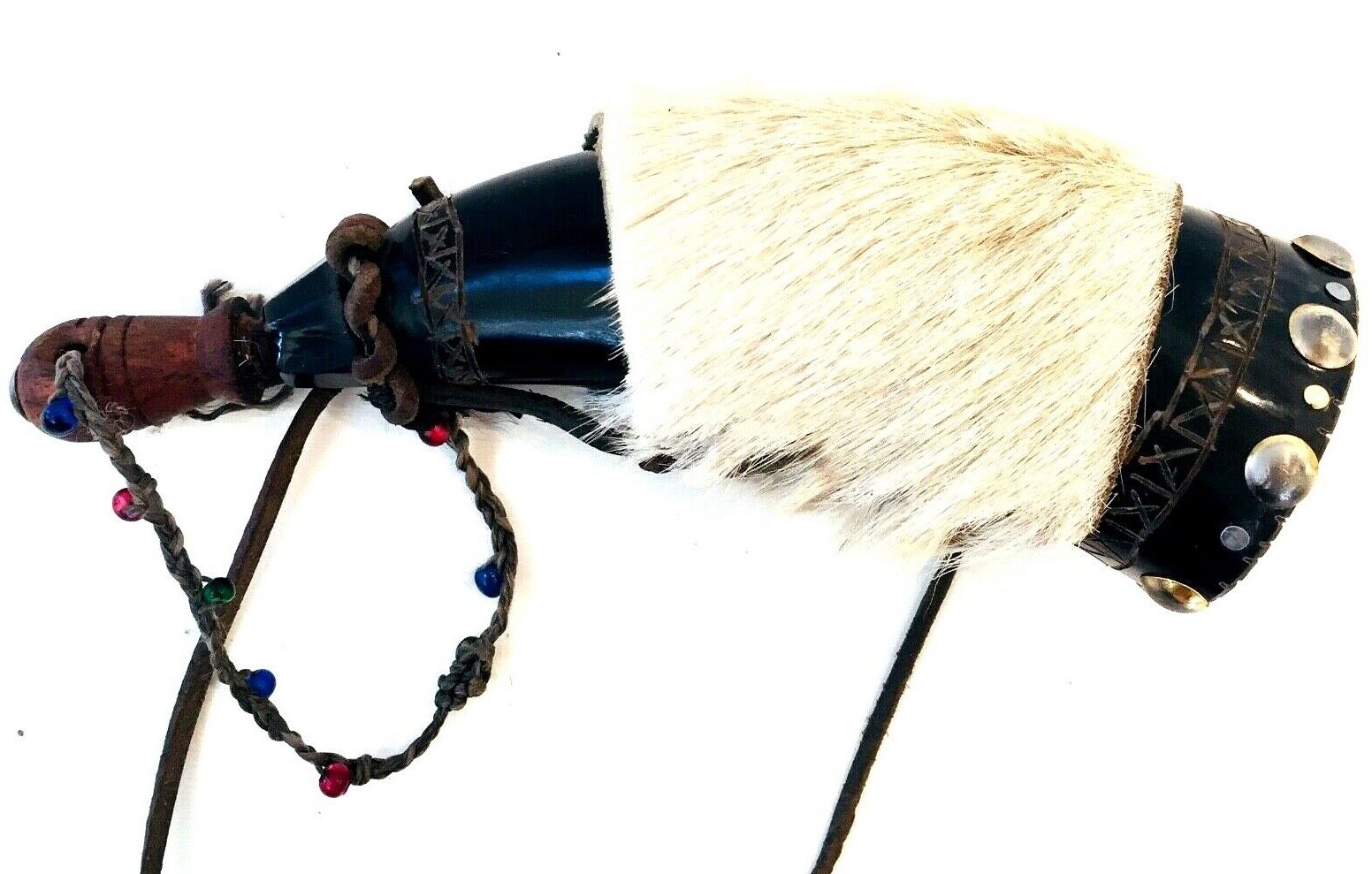 Black Powder Powder Horn Plug with Hand Beaded Lanyard, Calf Skin Cover